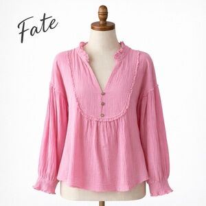 NWT Fate Split Neck Gauze Shirt. Size L.
Bubblegum Pink. Balloon sleeves.